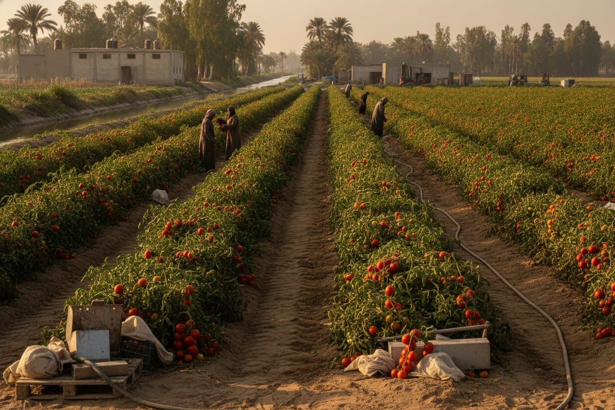 Rows of ripe red tomatoes growing in a Nile Delta field at golden hour with the Egyptian countryside in the background