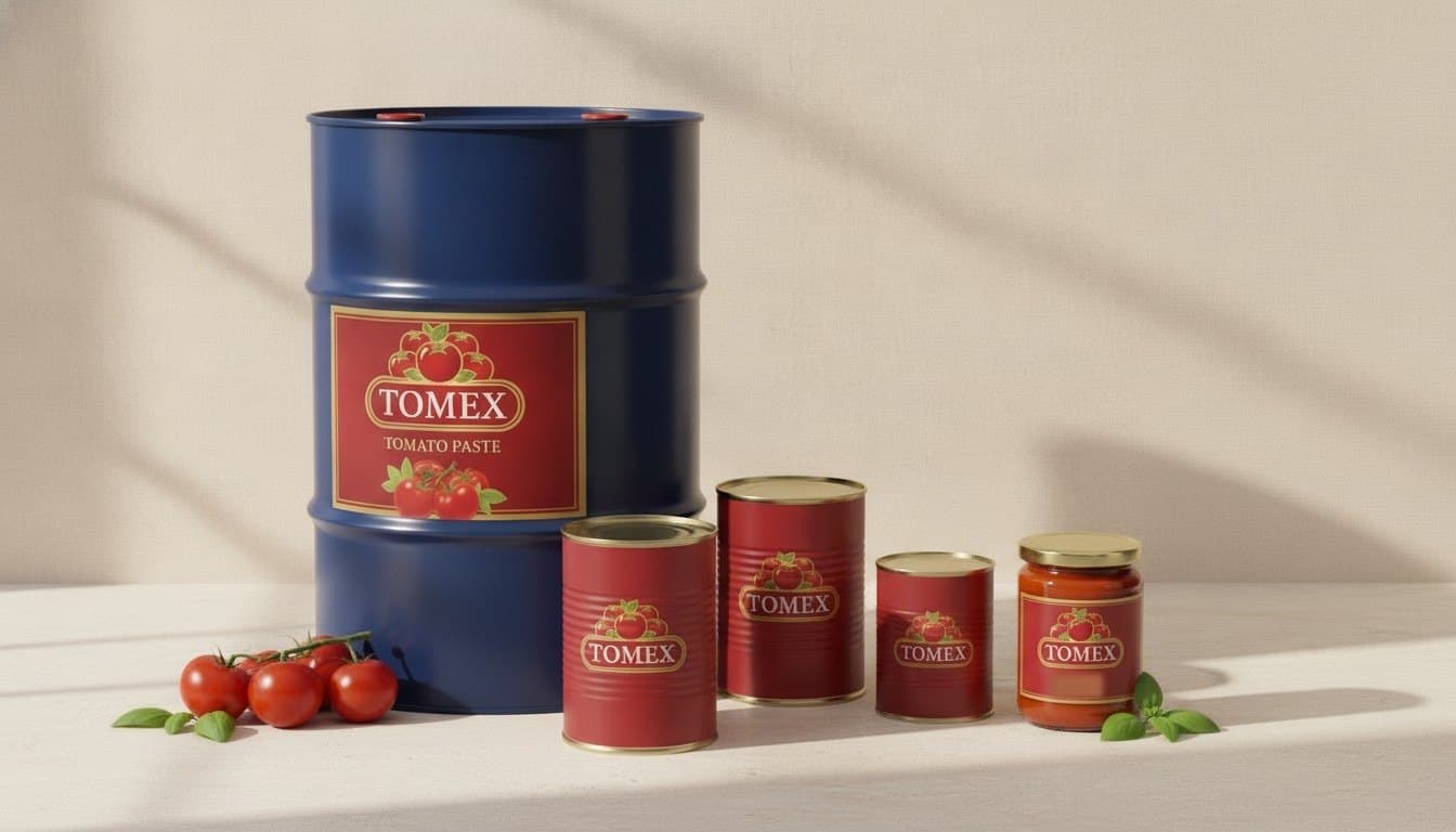 TOMEX tomato paste range at real scale: a blue 230 kg aseptic drum beside tins in three sizes and a glass jar