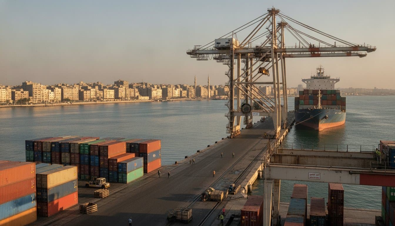 Container terminal at the Port of Alexandria, Egypt, with gantry cranes loading a cargo ship and the Alexandria skyline behind