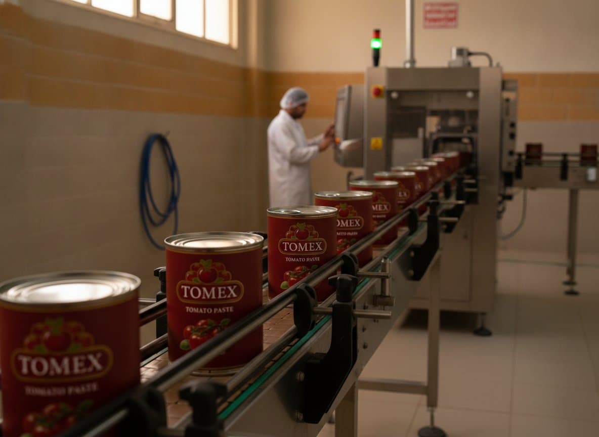 Automated canning line: TOMEX-branded tins passing an inline inspection station before packing