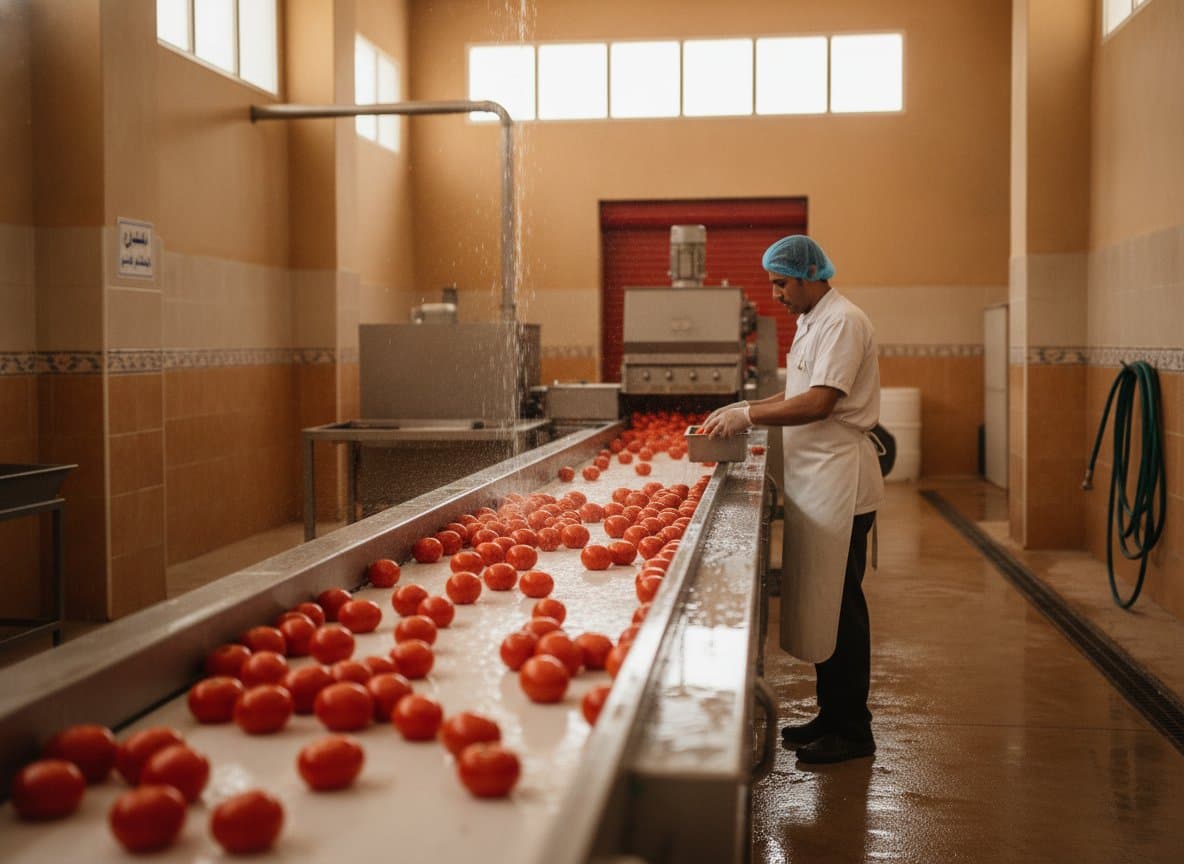 Fresh tomatoes moving along a washing and sorting conveyor inside a tomato processing plant