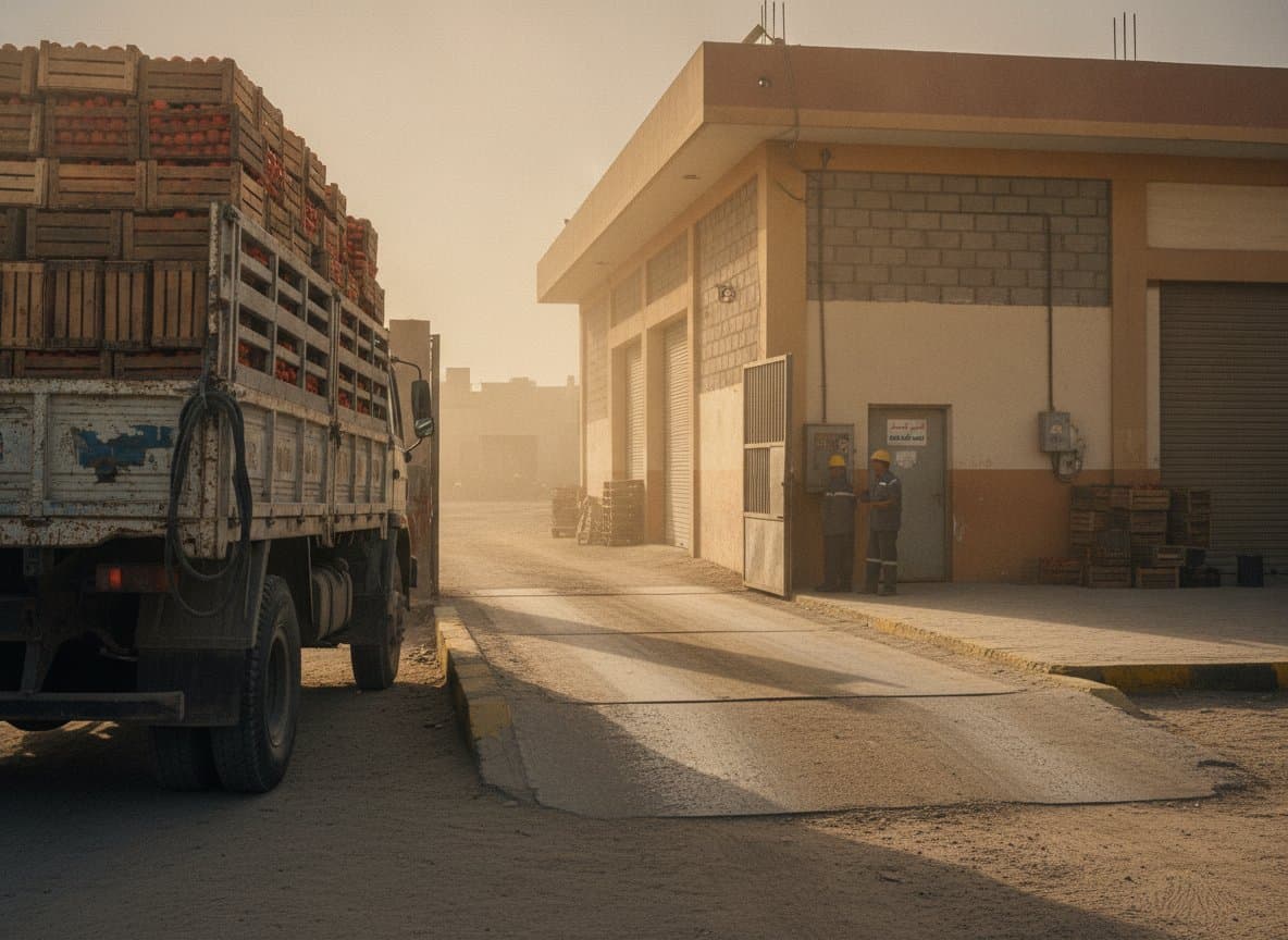 Truck loaded with crates of fresh tomatoes arriving at a factory intake weighbridge