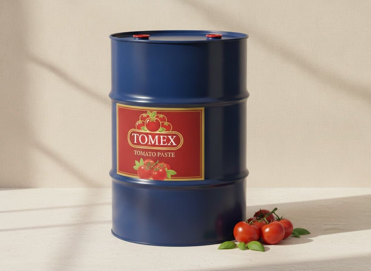 Single blue steel 230 kg aseptic tomato paste drum with a red TOMEX label