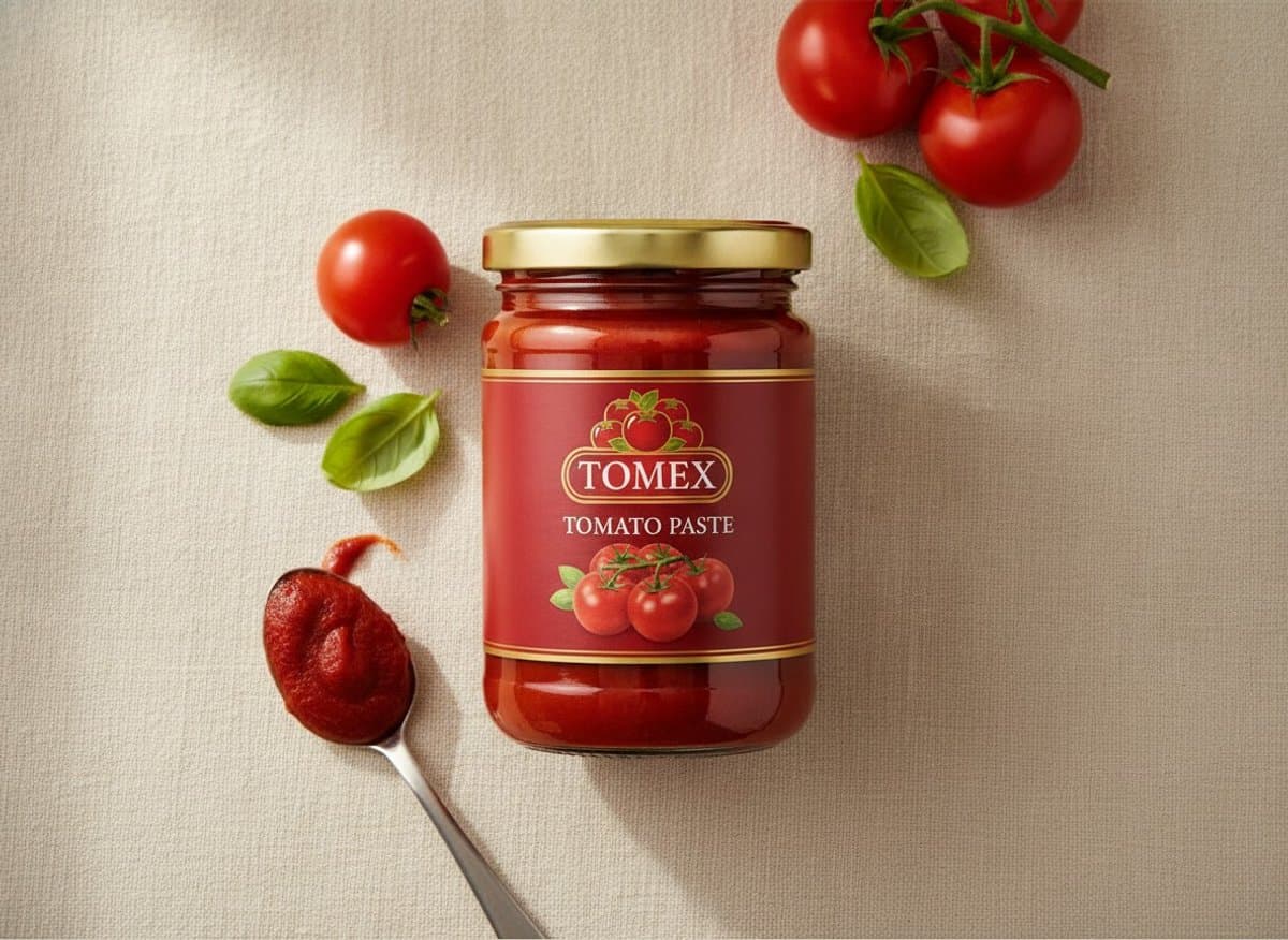 TOMEX tomato paste in a glass jar with a gold lid