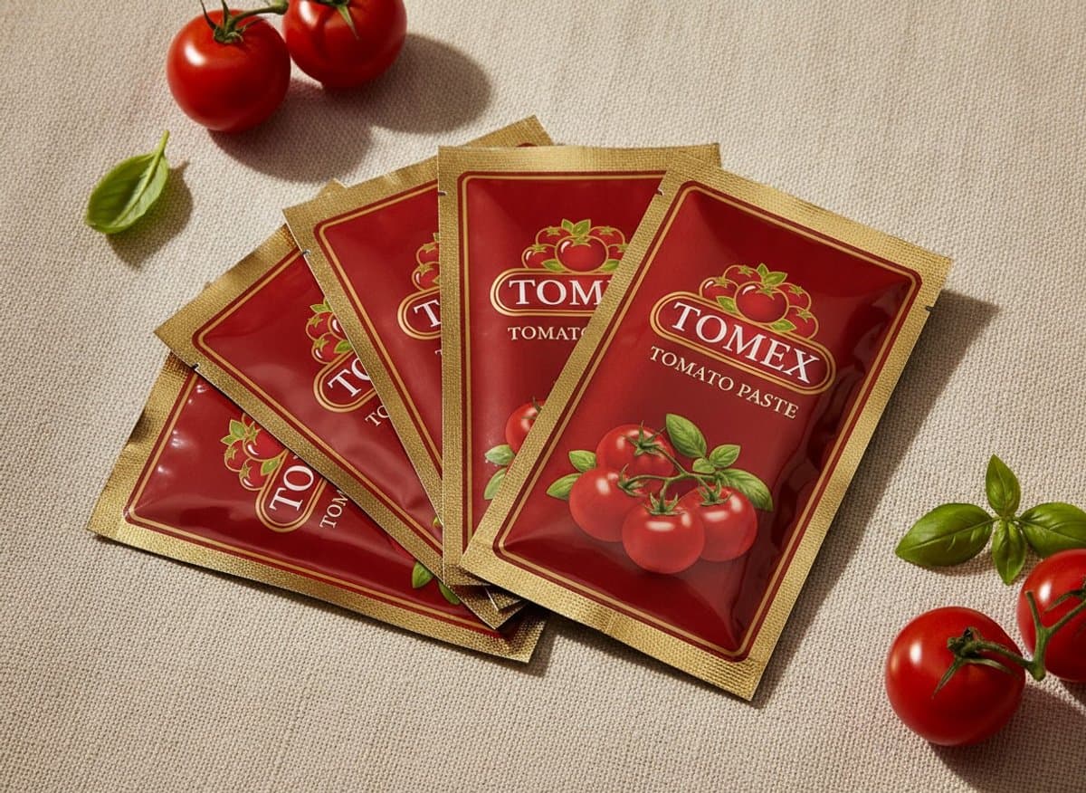 TOMEX tomato paste sachets in red and gold foil