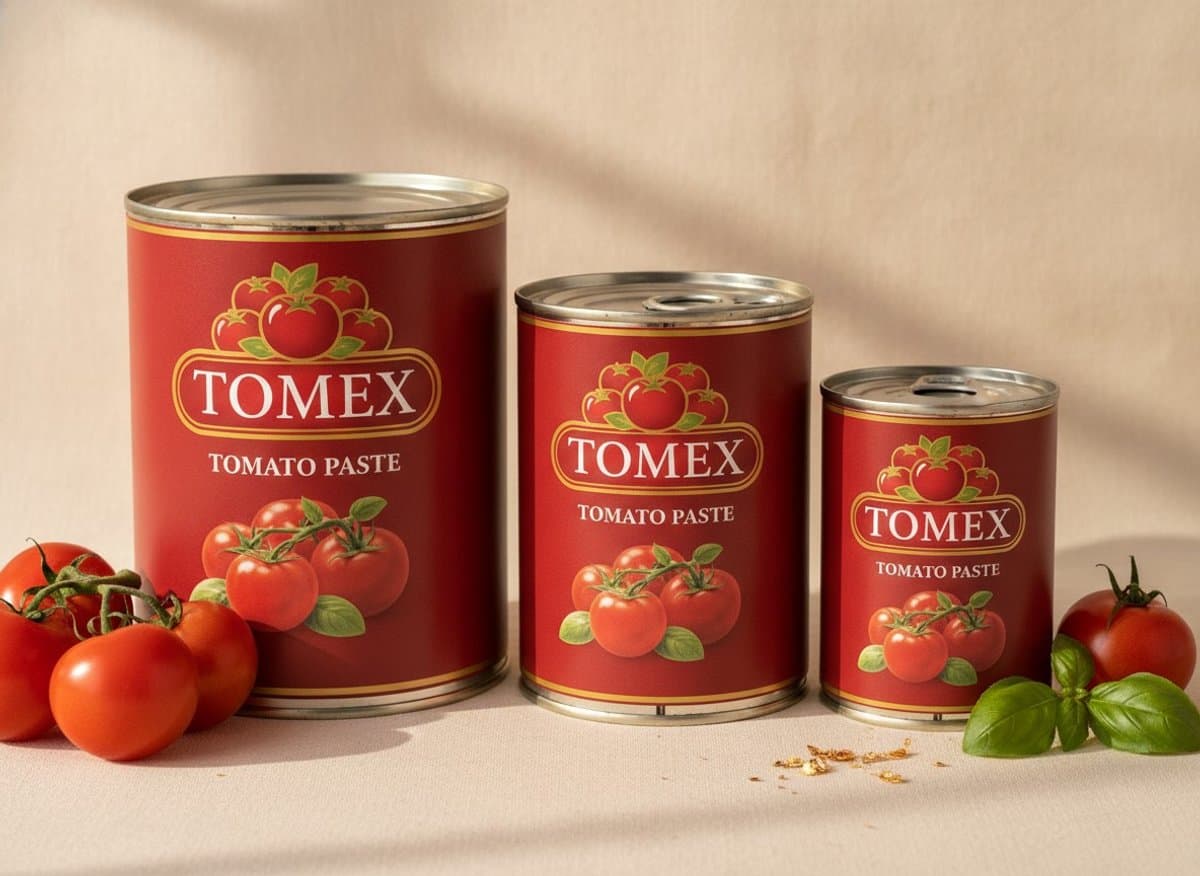 Three TOMEX tomato paste tins in three sizes: large, medium and small